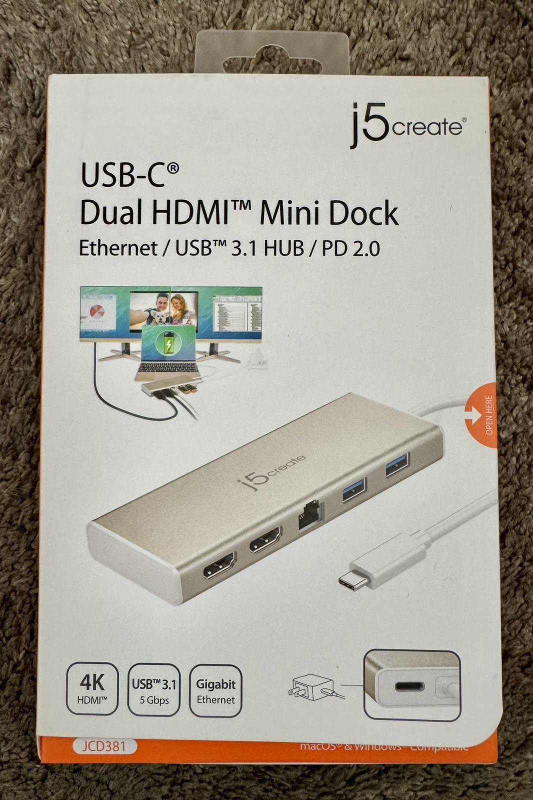 j5create USB-C Dual HDMI Mini Laptop Dock Ethernet/USB 3.1 HUB/PD2.0 JCD381 New.