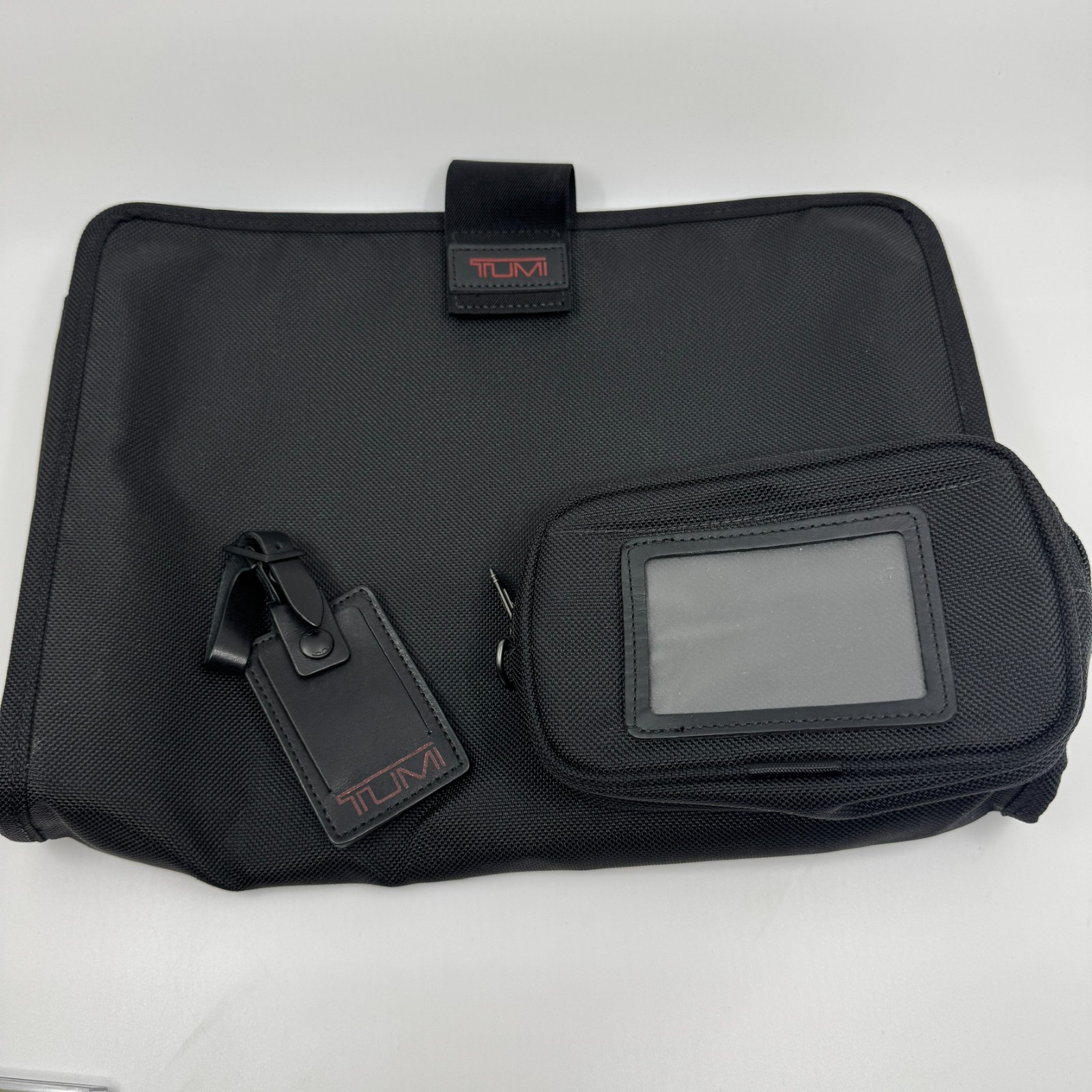 3x TUMI Black Ballistic Nylon Padded Laptop Sleeve Zip Pouch ID Luggage Tag Set