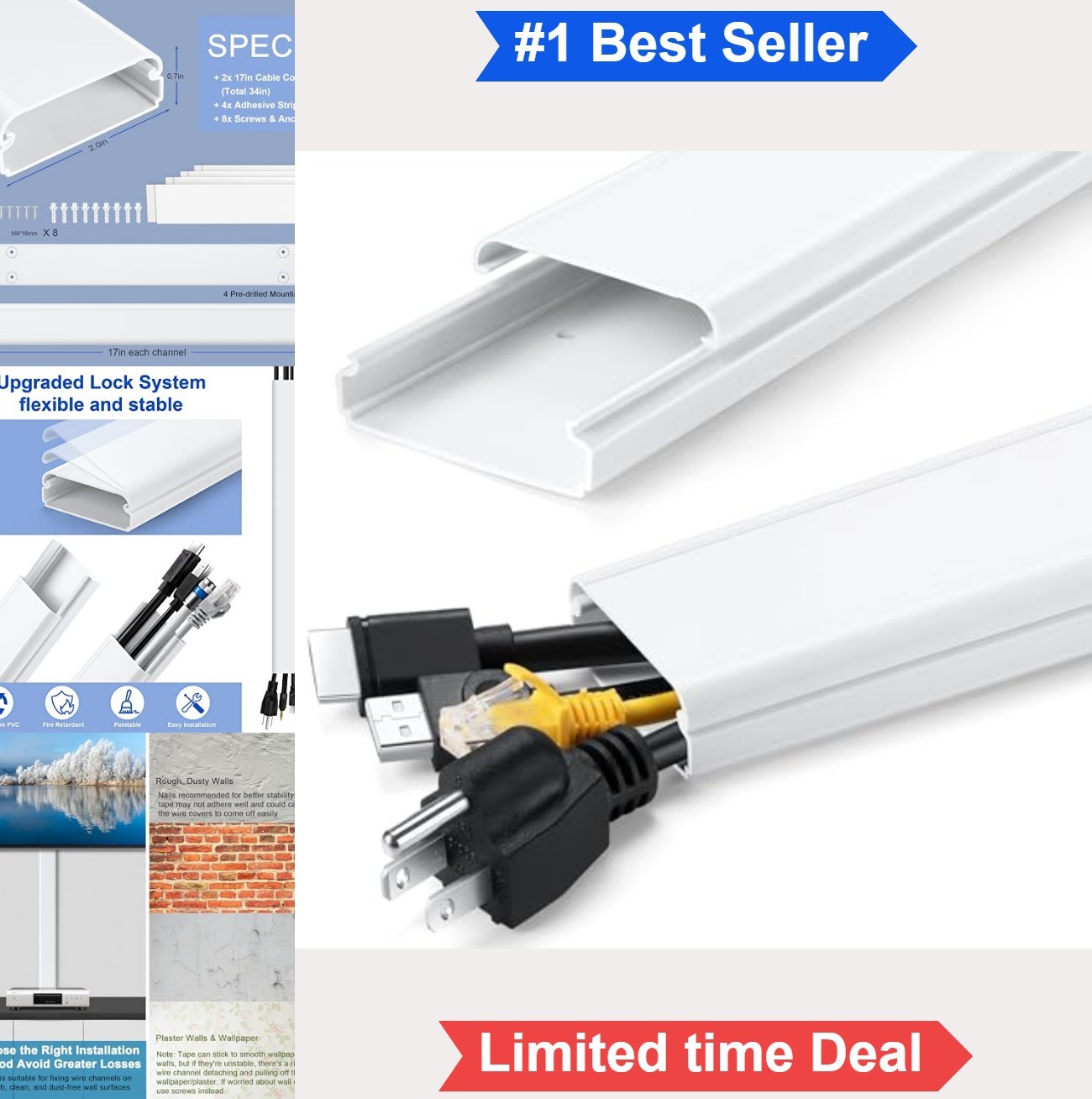 Cord Hider Wall Mounted TV 34 Inch White 2 Inch Wide Cable Raceway Kit PVC