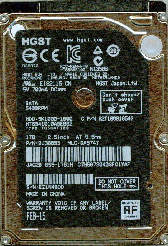 HTS541010A9E662,  0J38093,   DA5747,  HGST SATA 1TB
