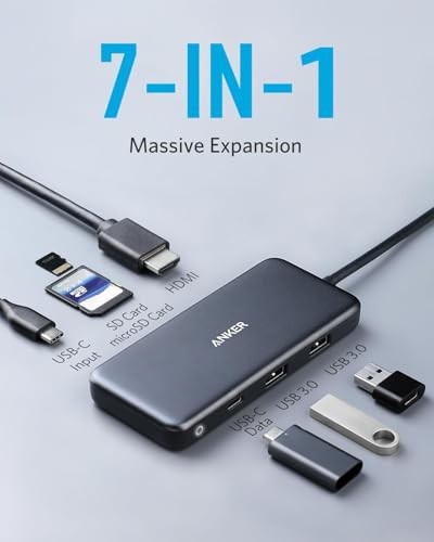 ANKER USB C HUB, 341 USB-C HUB (7-IN-1) WITH 4K HDMI, 100W POWER DELIVERY, -