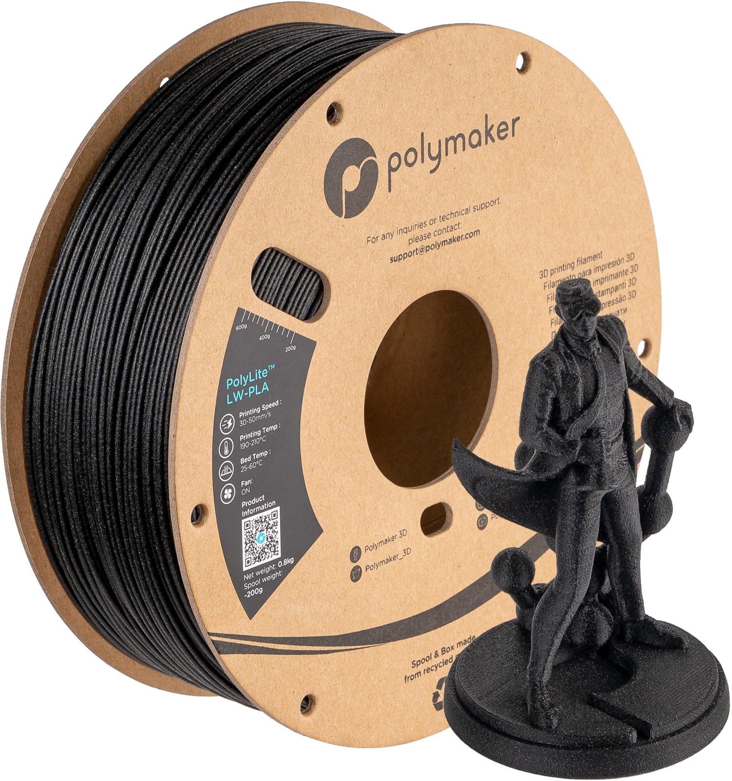 Filament 1.75mm Black, Pre-Foamed 800g Lightweight 3D Filament - PolyLite 3D