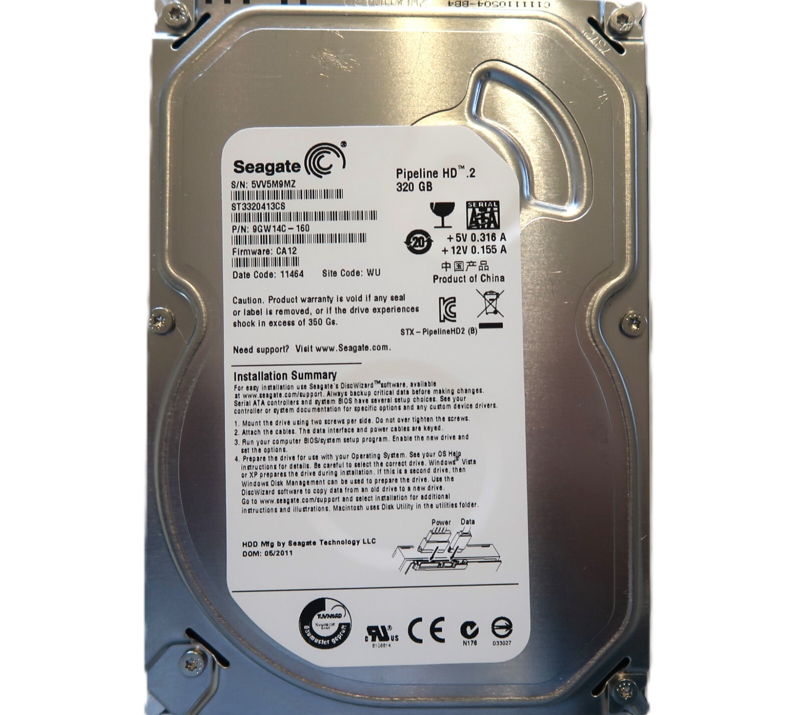 Seagate ST3320413CS 9GW14C-160 CA12 (5VV) WU China 320gb 3.5" Sata HDD 05/2011