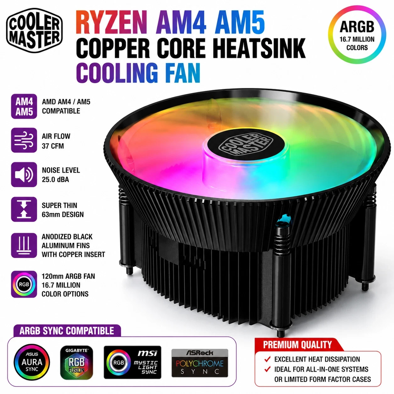 Cooler Master ARGB Fan for AM4 AM5 Ryzen 120mm CPU Cooler Copper Core Heatsink