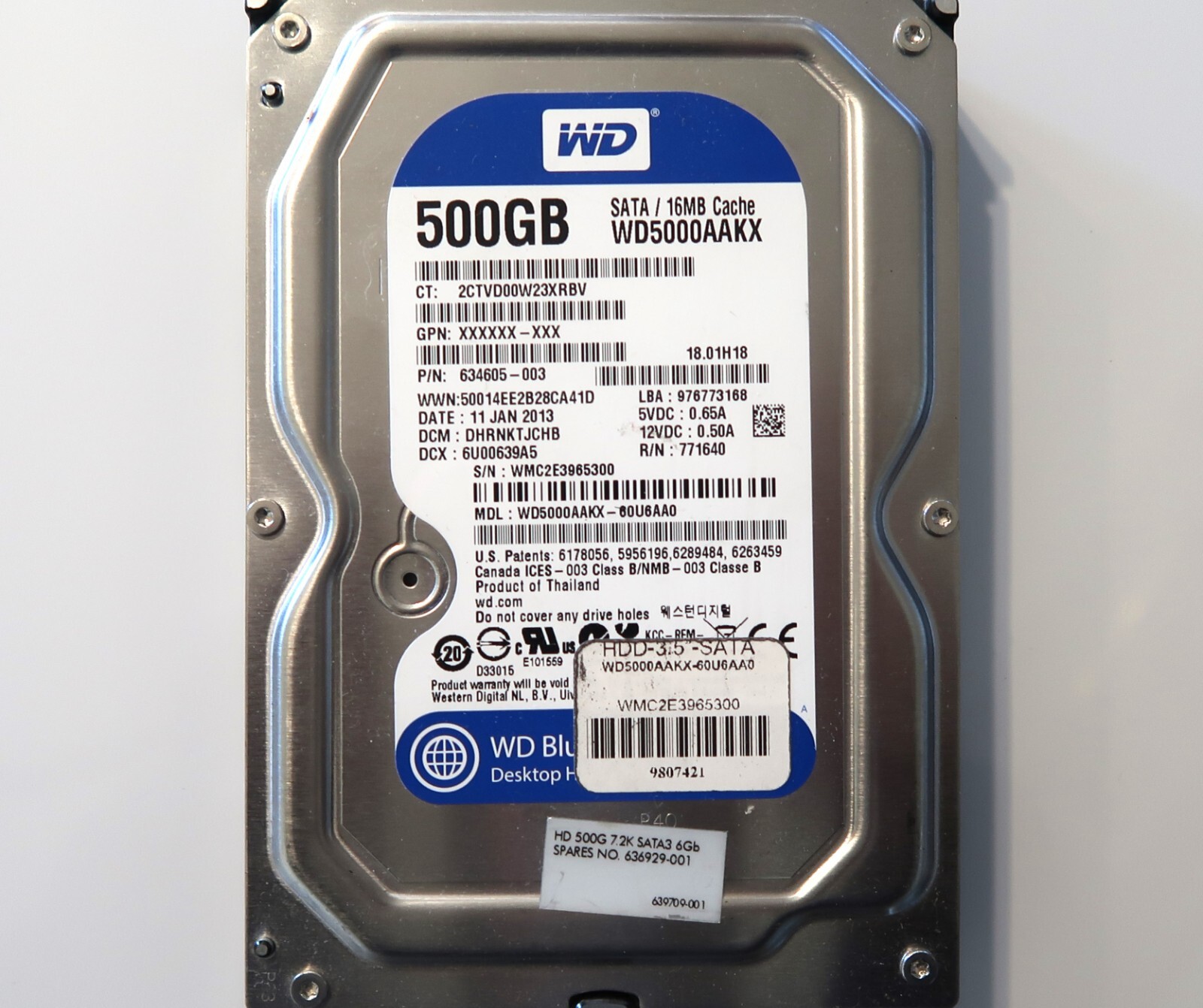 WD WD5000AAKX-60U6AA0 DHRNKTJCHB (WMC2) Thailand 500gb 3.5" Sata HDD 11JAN2013