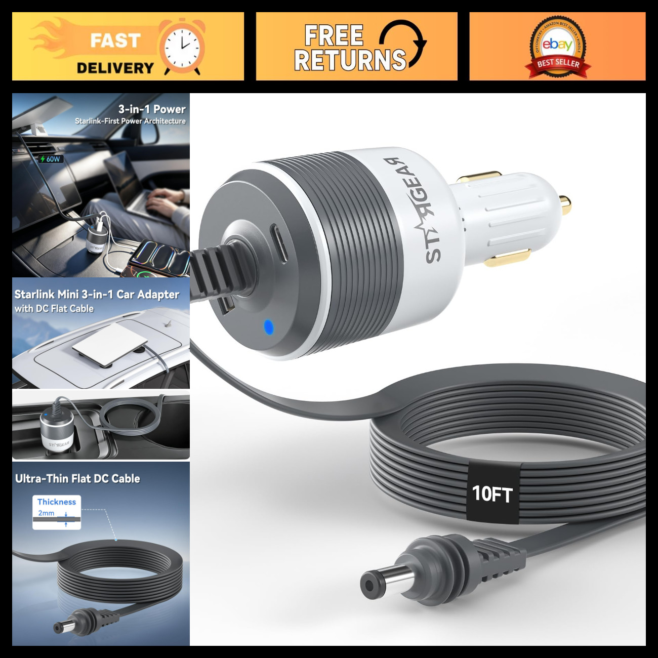 10FT Flat Cable Mini Car Adapter for Starlink - 24V Signal Booster, Easy Install