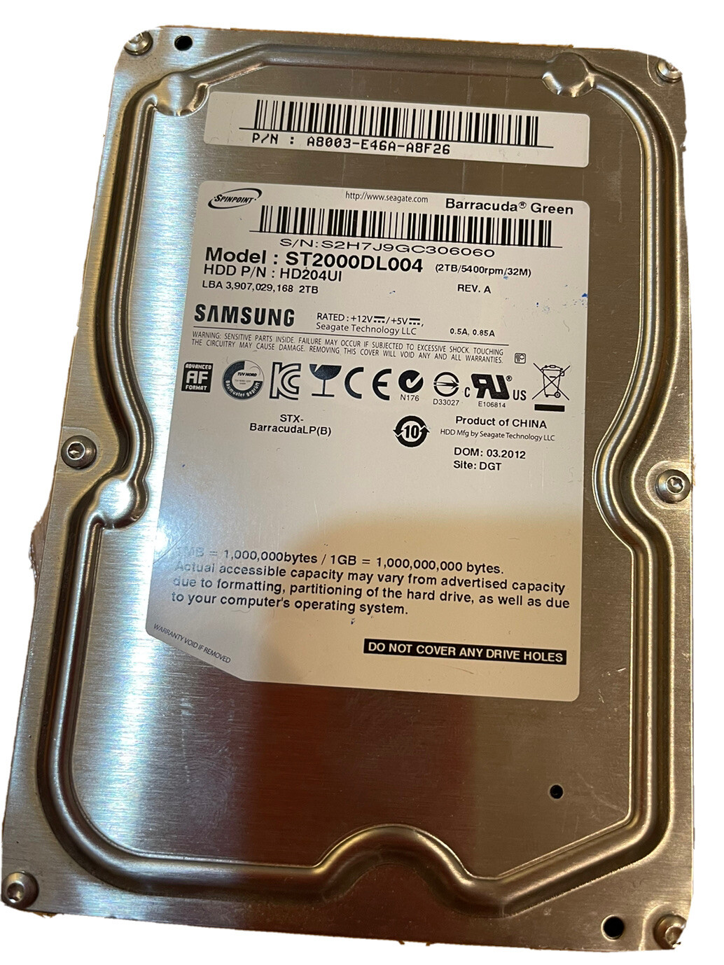 Samsung Model ST2000DL004  2TB Seagate Barracuda Drive