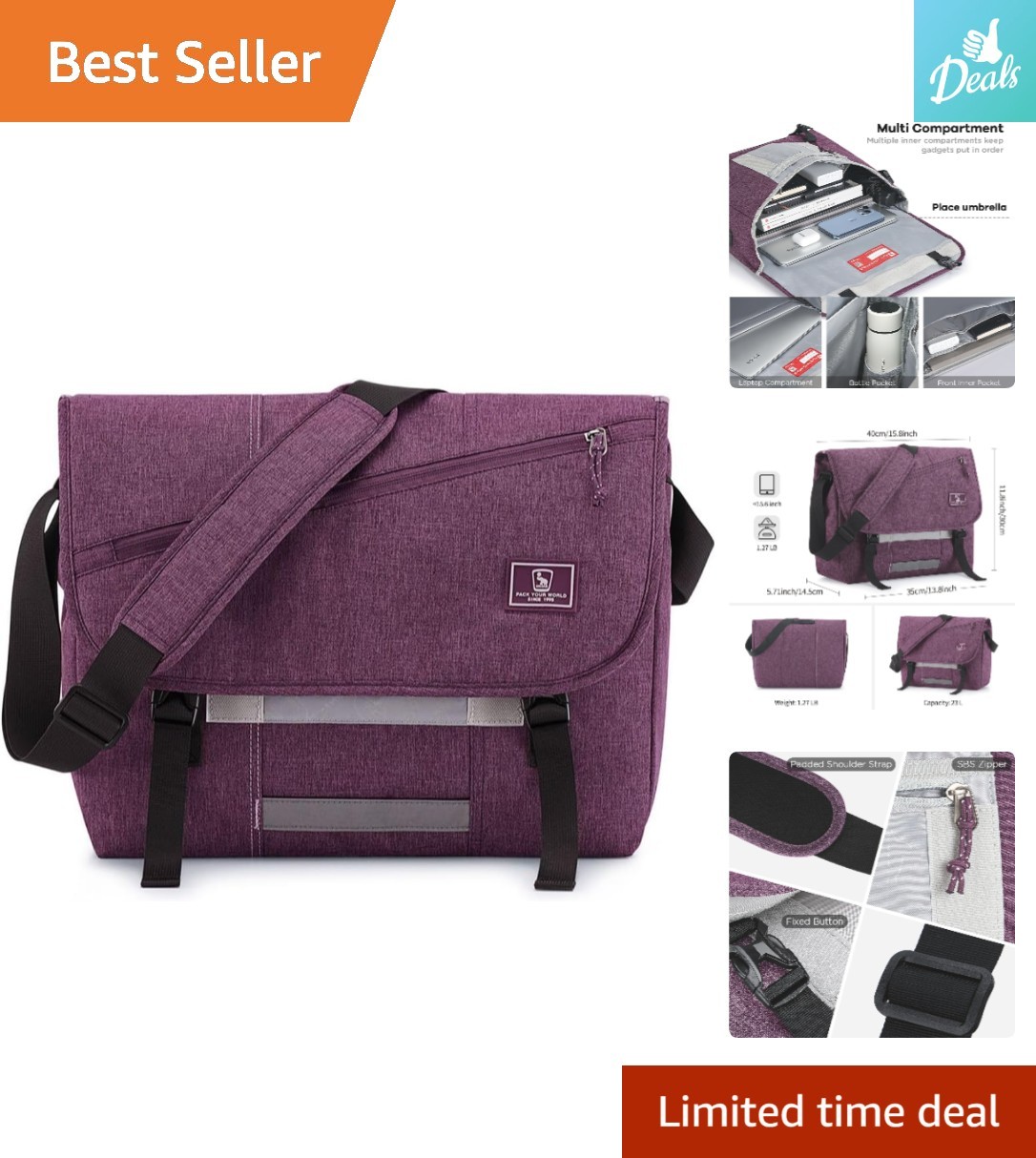 Durable 15.6 Inch Laptop Crossbody Bag with Theft-Proof Zippers, Purple Elegance