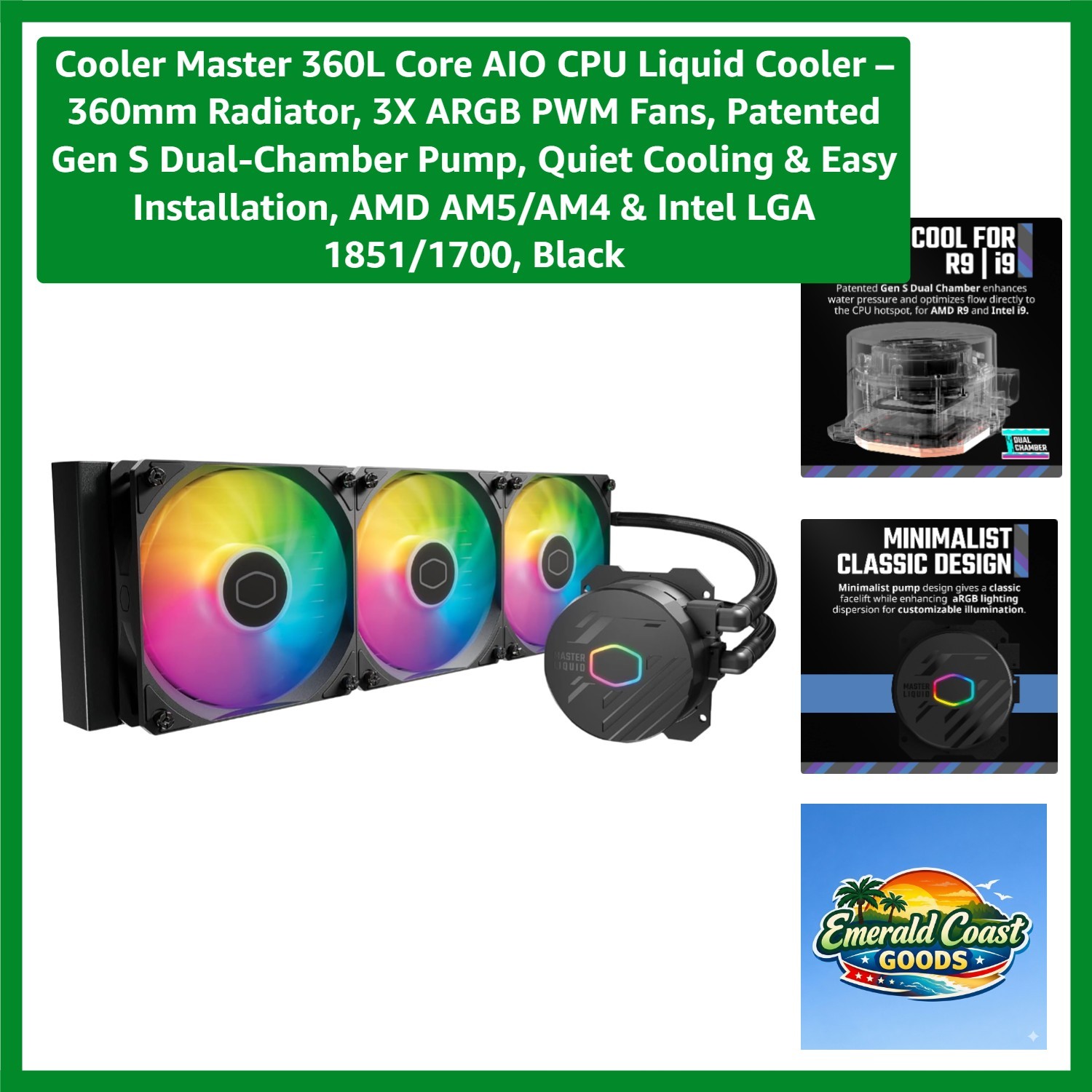 360L Core AIO CPU Liquid Cooler – 360mm Radiator, 3X ARGB PWM Fans, Patented ...