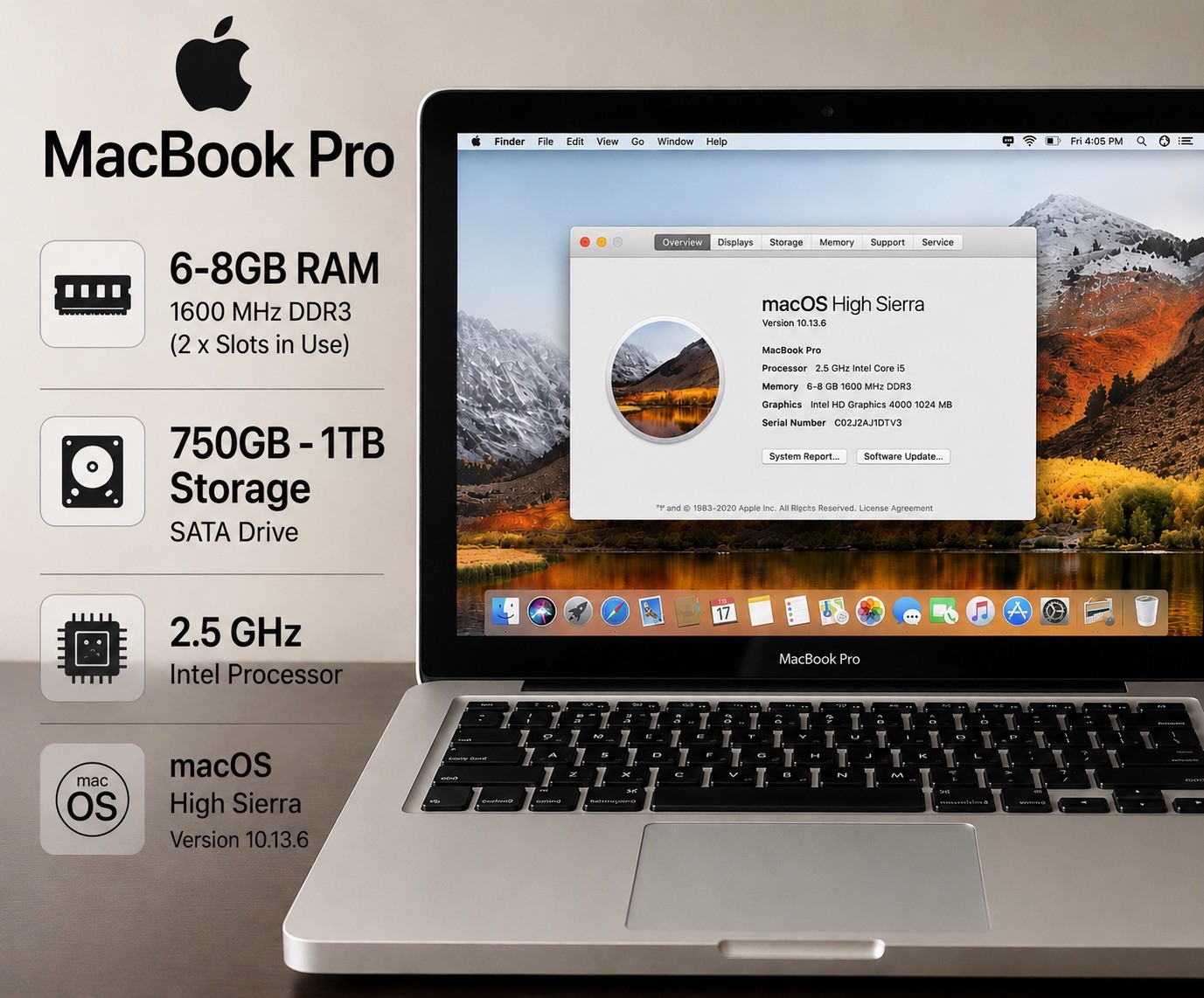Apple MacBook Pro 750gb-1TB Storage 6GB RAM 2.5GHz Intel Processor. Unlocked.