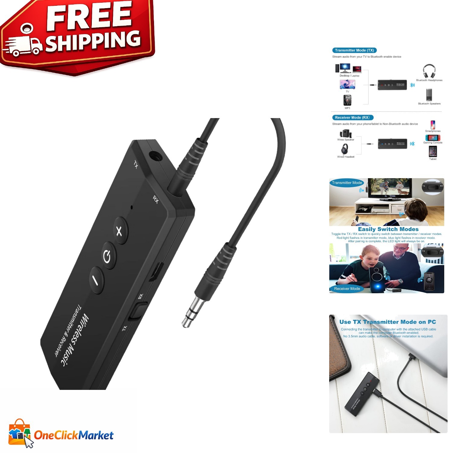 Portable Bluetooth 5.3 Transmitter Receiver - Long Battery Life & Easy Control