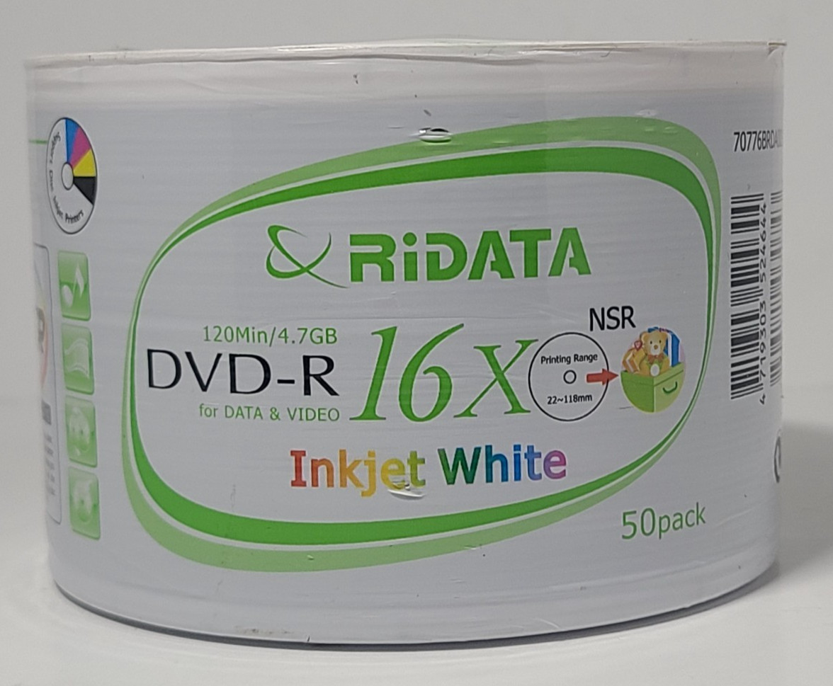 RIDATA Blank 16X DVD-R 50 pk White Inkjet Hub Printable 4.7GB Recordable Disc.