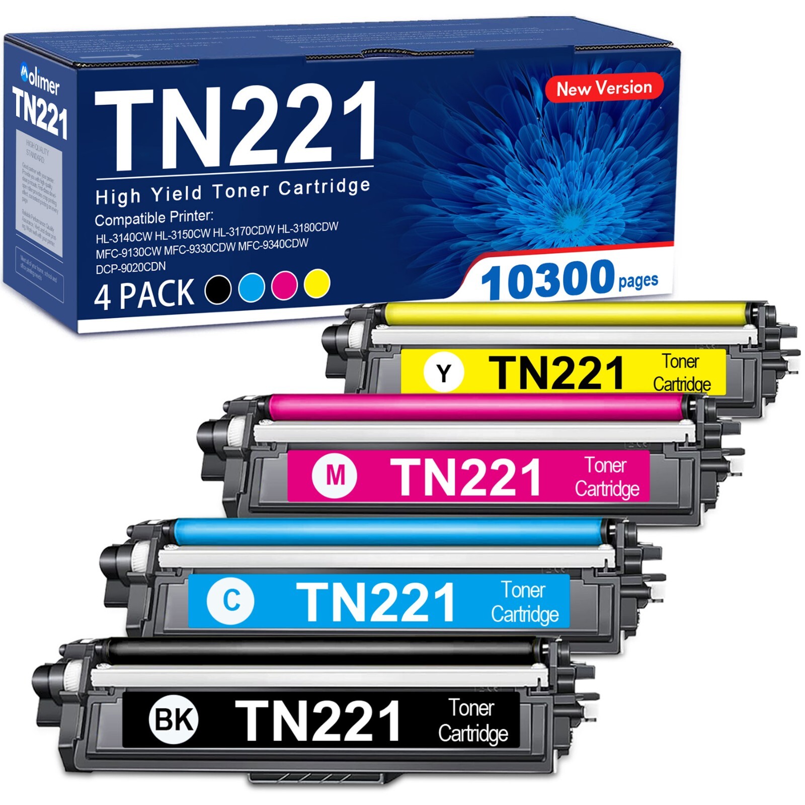 TN221 TN225 Toner Cartridge Replacement for Brother MFC-9130CW (4 Pack)