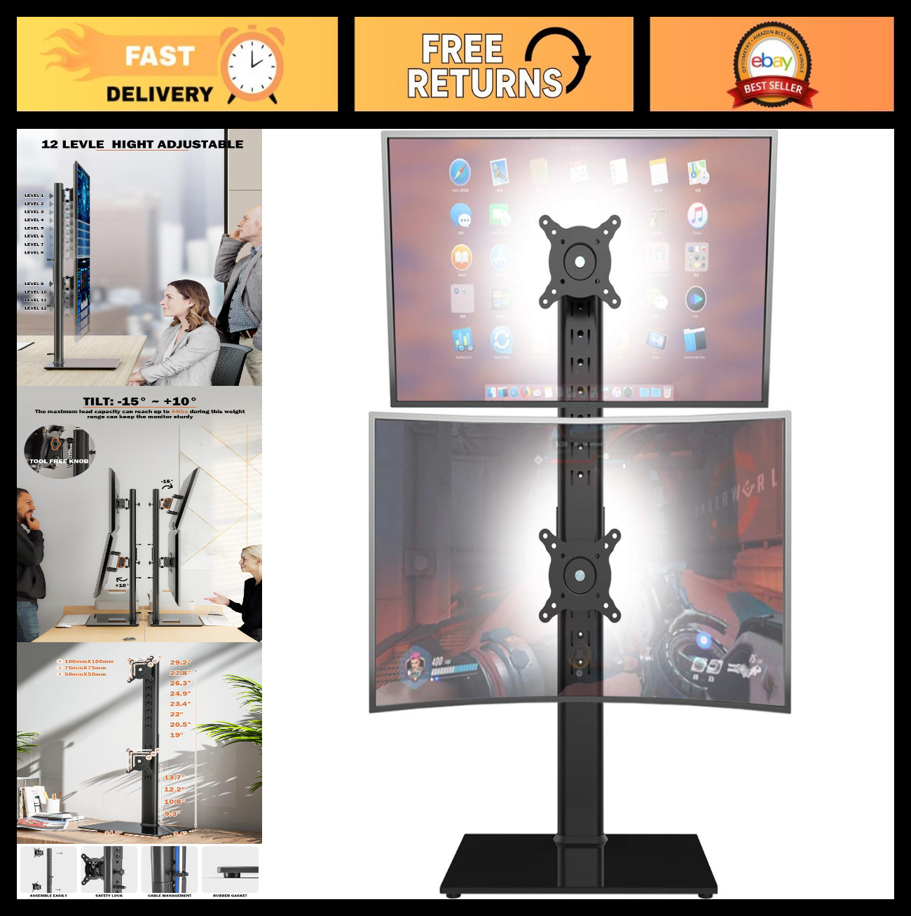 Dual Monitor Stand - Adjustable Vertical Stack for 13-34" Screens, Swivel & Tilt