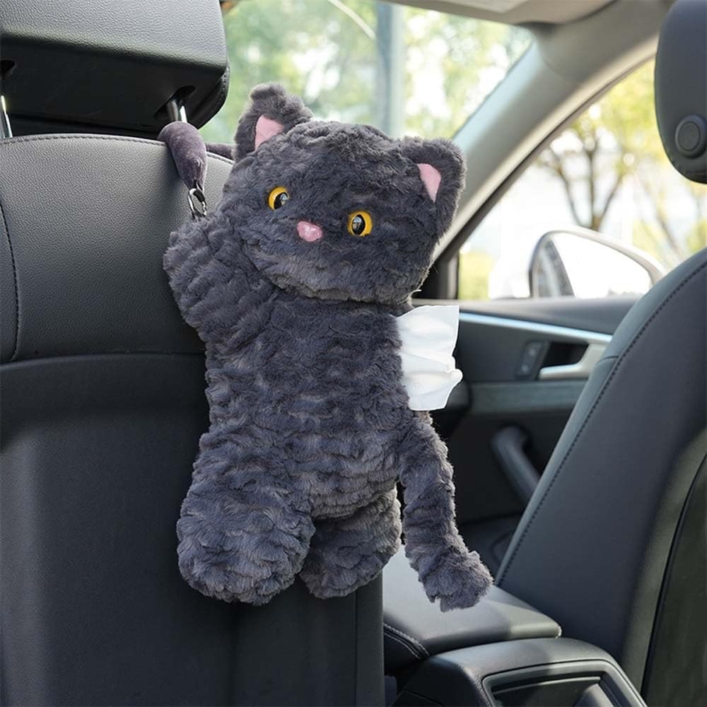 Black Cute Cat Car Tissue Holder Plush Kitten Paper Box Backseat Organizer
