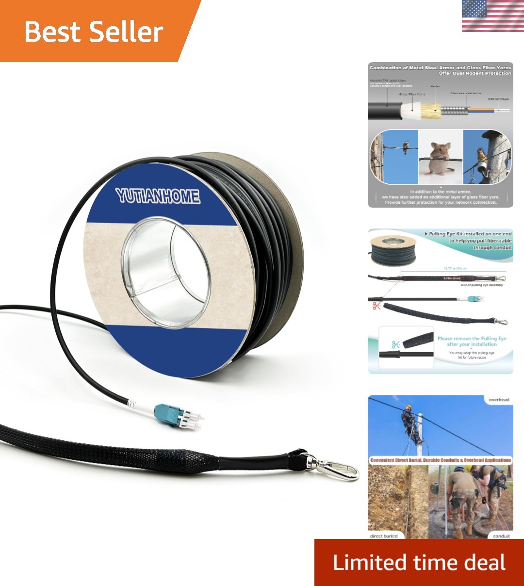 165ft/50m OD-5mm Industrial TPU OM3 Fiber LC to LC Outdoor Armored Fiber Patc...