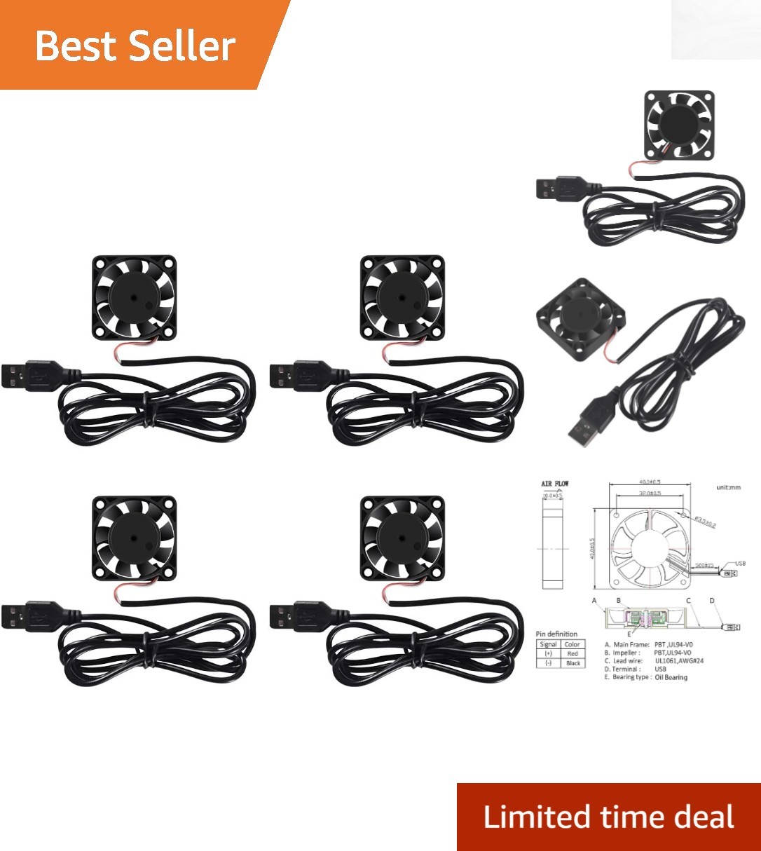 Compact 4 Pack USB Cooling Fan | 40mm DC Fans with 3CFM Airflow & 22dB Noise