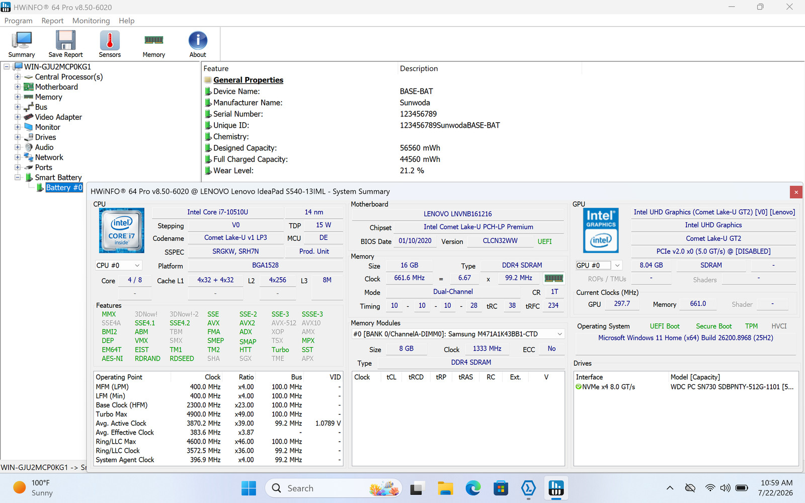 Lenovo IdeaPad S540-13IML 13" 2560 x 1600 I7-10510U 512GB SSD 16GB W11 Webcam
