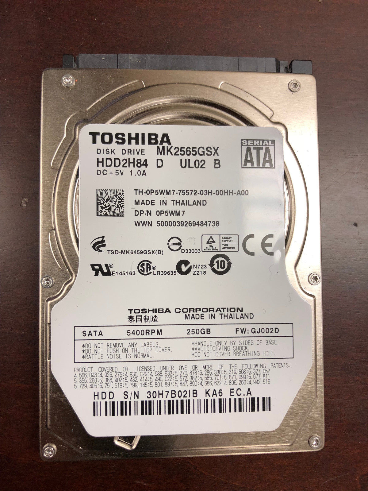Dell P5WM7 Toshiba MK2565GSX 250GB 5400RPM 2.5" SATA Internal HDD