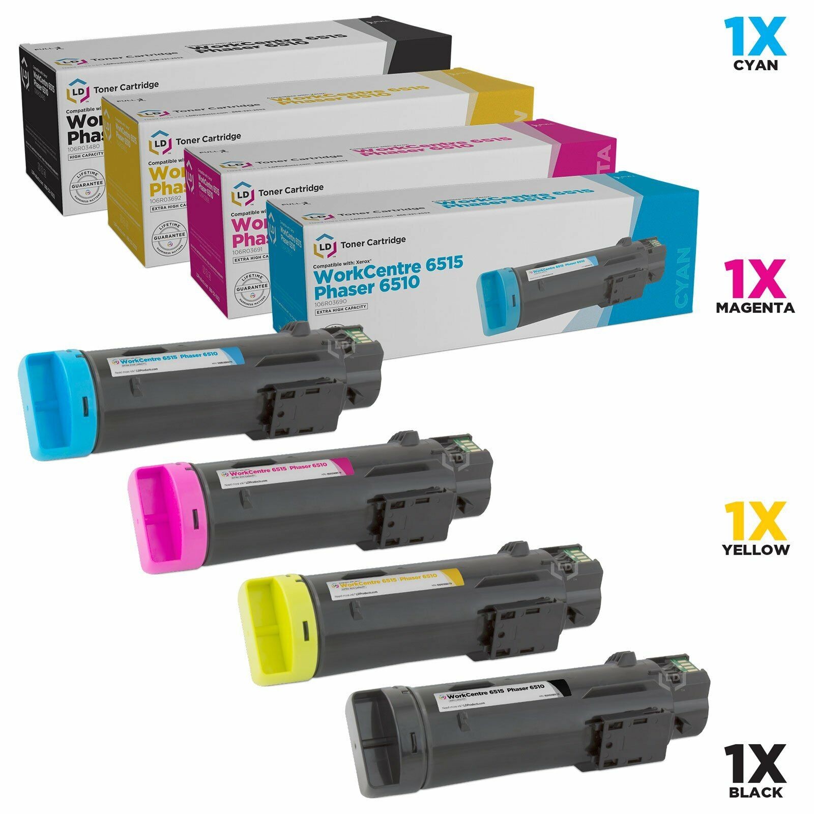 LD Compatible Xerox 6510/6515 Toners: HY Black & Extra HY Cyan, Magenta, Yellow