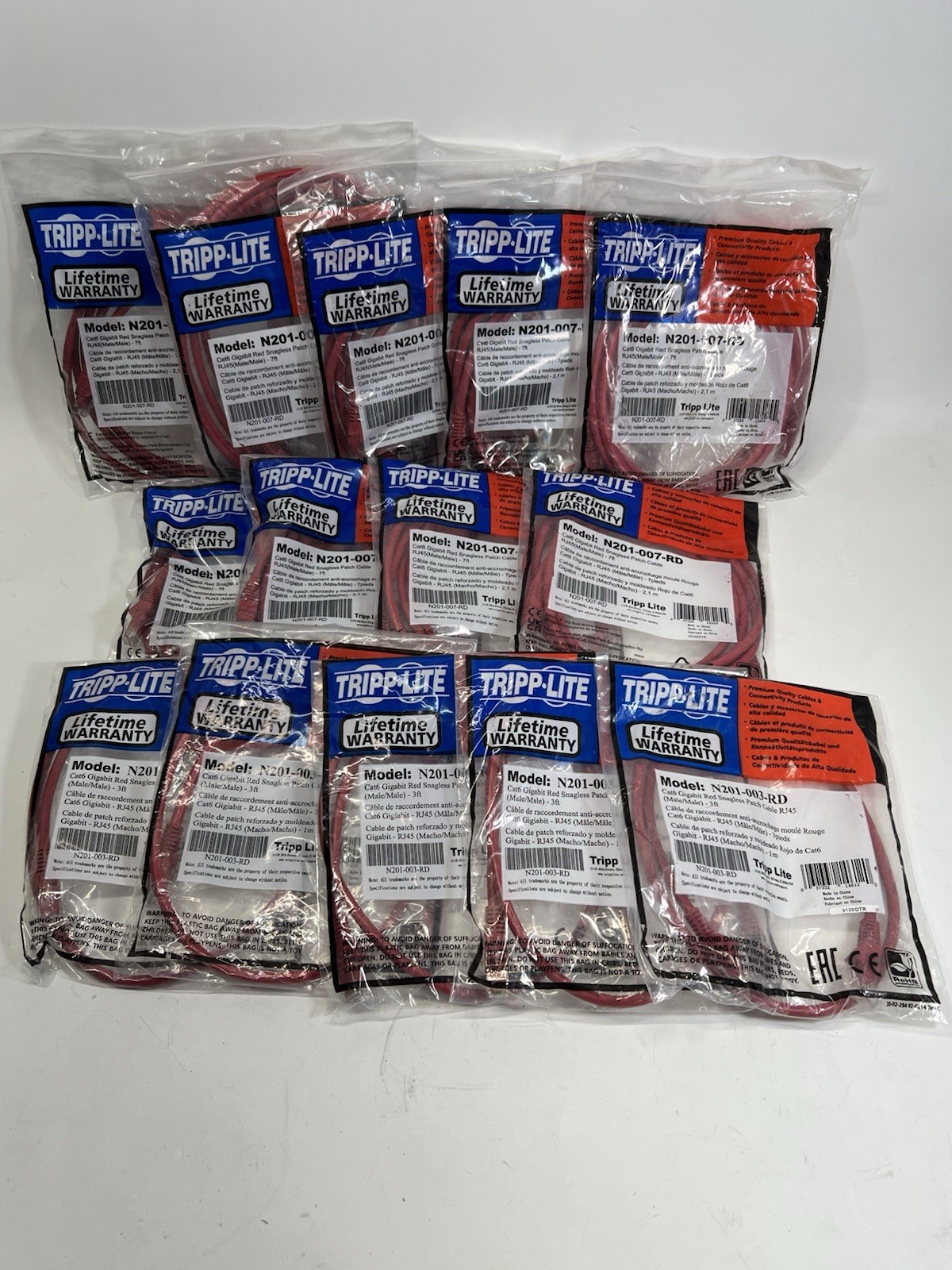 Lot Of 14 Tripp Lite 5x N201-003-RD And 9x 007-RD Cat6 Patch Cable 3Ft AND 7ft