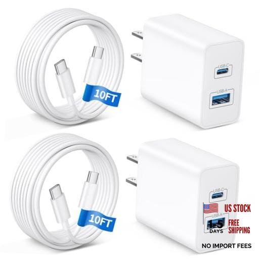 iPhone 17 16 15 Charger Fast Charging, 2-Pack 45W Dual Port USB C 10FT White