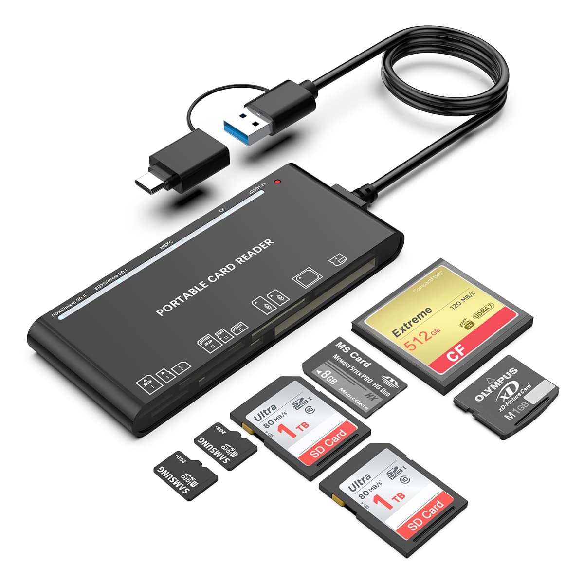 USB C USB3.0 Multi Card Reader for SD, CF, Micro SD, XD, MS Cards - 7 in 1 Adapt