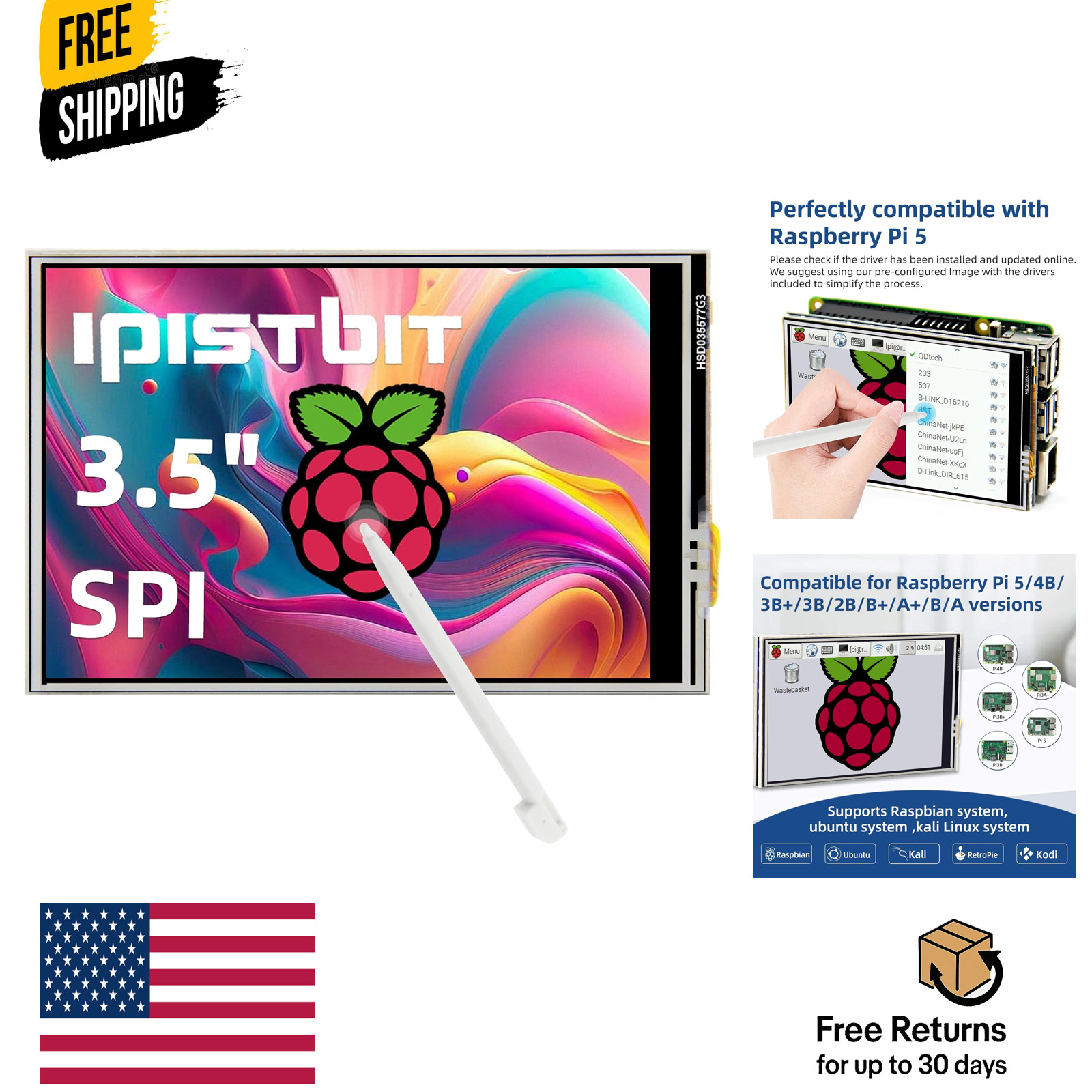 3.5 Inch Touch Screen, 480x320 TFT LCD SPI Display Panel for Raspberry Pi