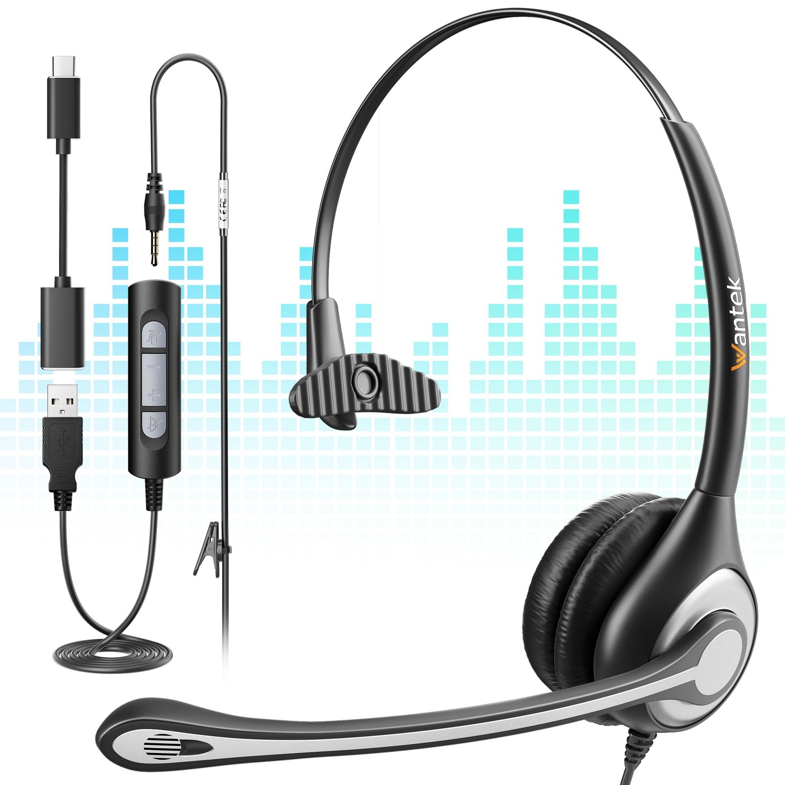 3-in-1 USB/3.5mm/Type-C Headset with Noise Canceling Mic, Mono Computer Headp...