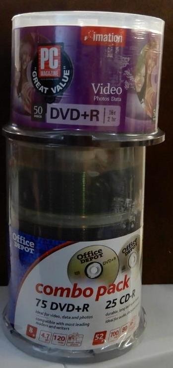 NEW OFFICE DEPOT COMBO PACK 25-CD-R/75 DVD+R DISCS FOR RECORDING DATA and VIDEO