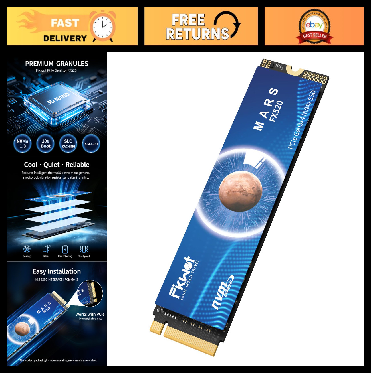 128GB NVMe M.2 2280 PCIe Gen3 x4 SSD, Up to 1100MB/s, Internal Solid State Drive