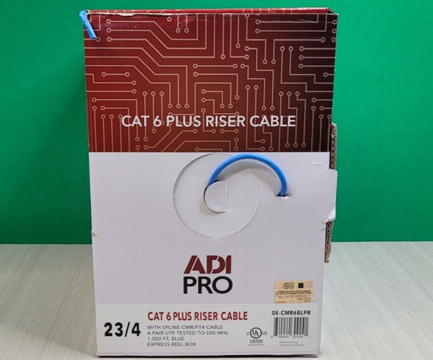 1000FT ADI Pro CAT6 Plus 23/4 Solid BC Cable UTP Riser CMR FT4 BLUE 0E-CMR6BLPR