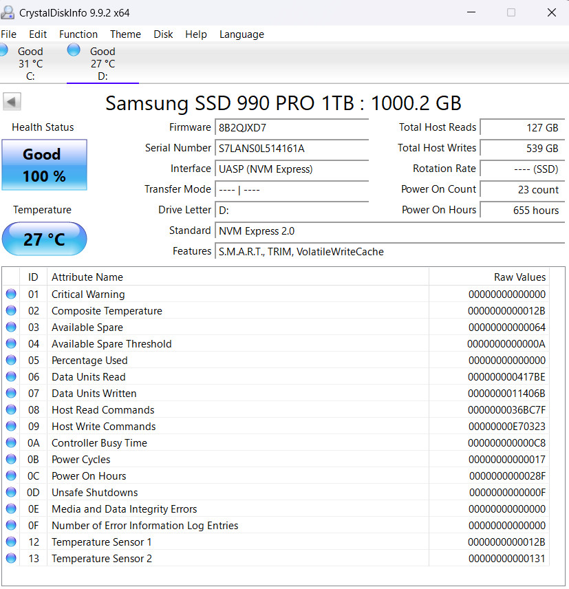 Samsung 990 PRO (1TB) PCle 4.0 NVMe Solid State Drive SSD LOW Hours 100% Health