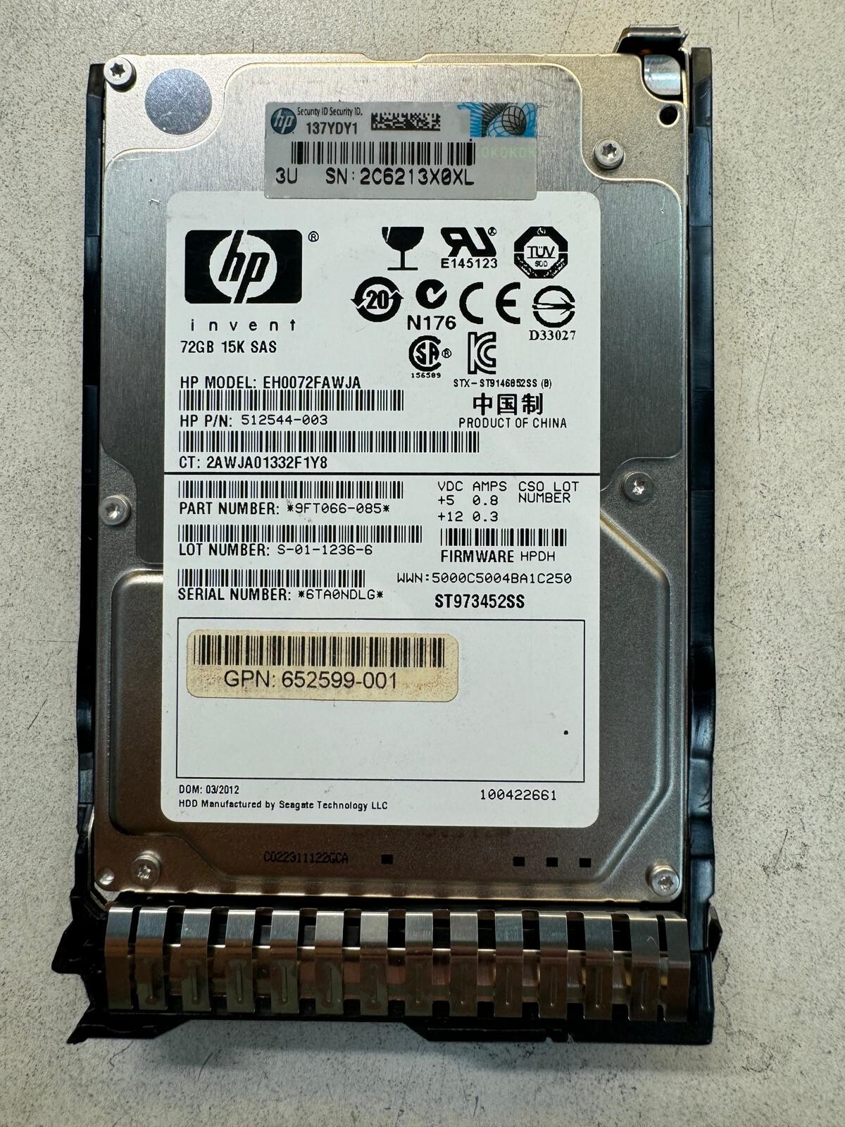 HP 512544-003 EH0072FAWJA 72GB 15K RPM 16MB Cache 6 Gb/s SAS 2.5" HDD