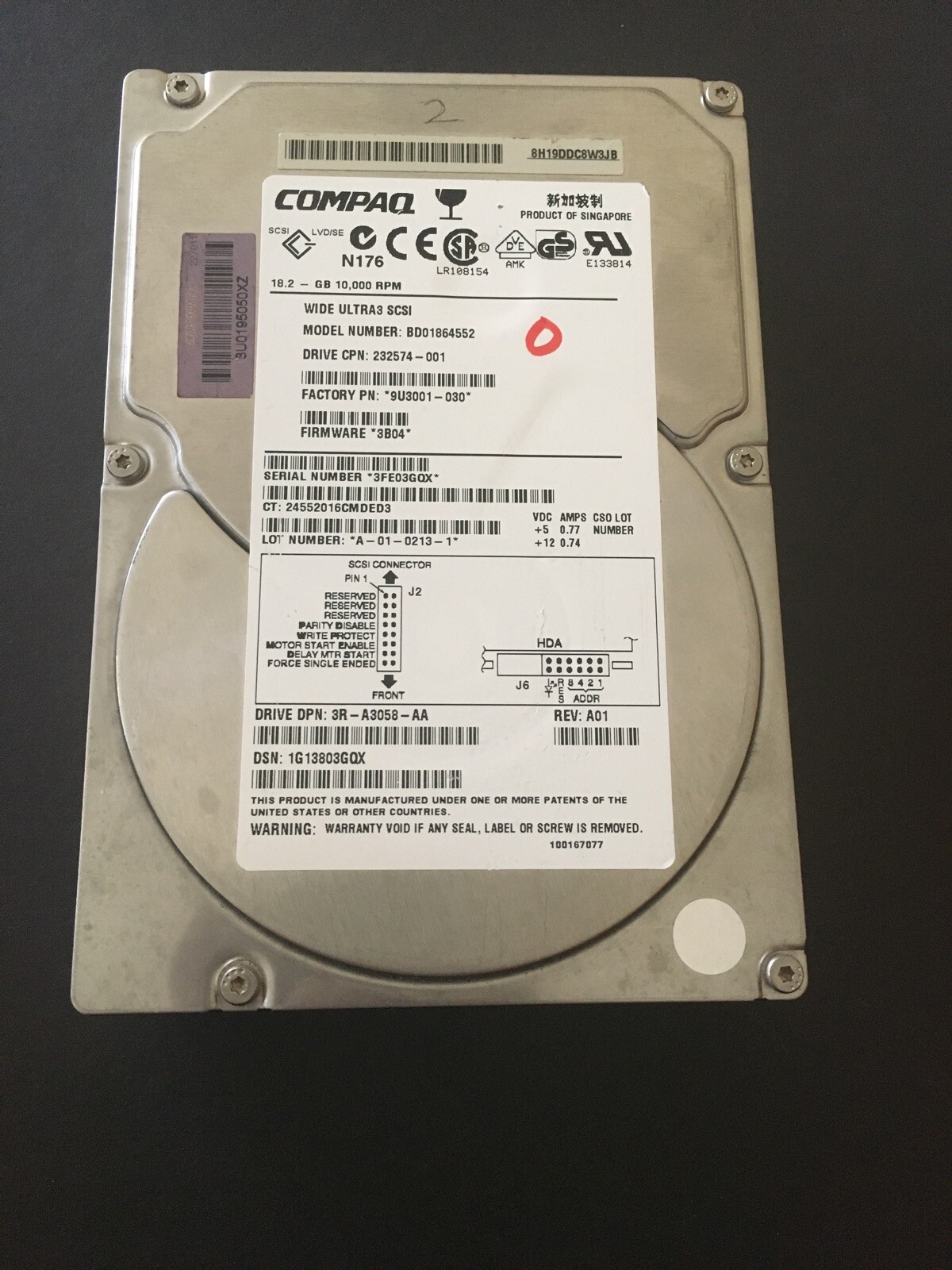 Working Compaq BD01864552 18.2GB 10Krpm Wide Ultra3 SCSI HDD, P/N 9U3001-030