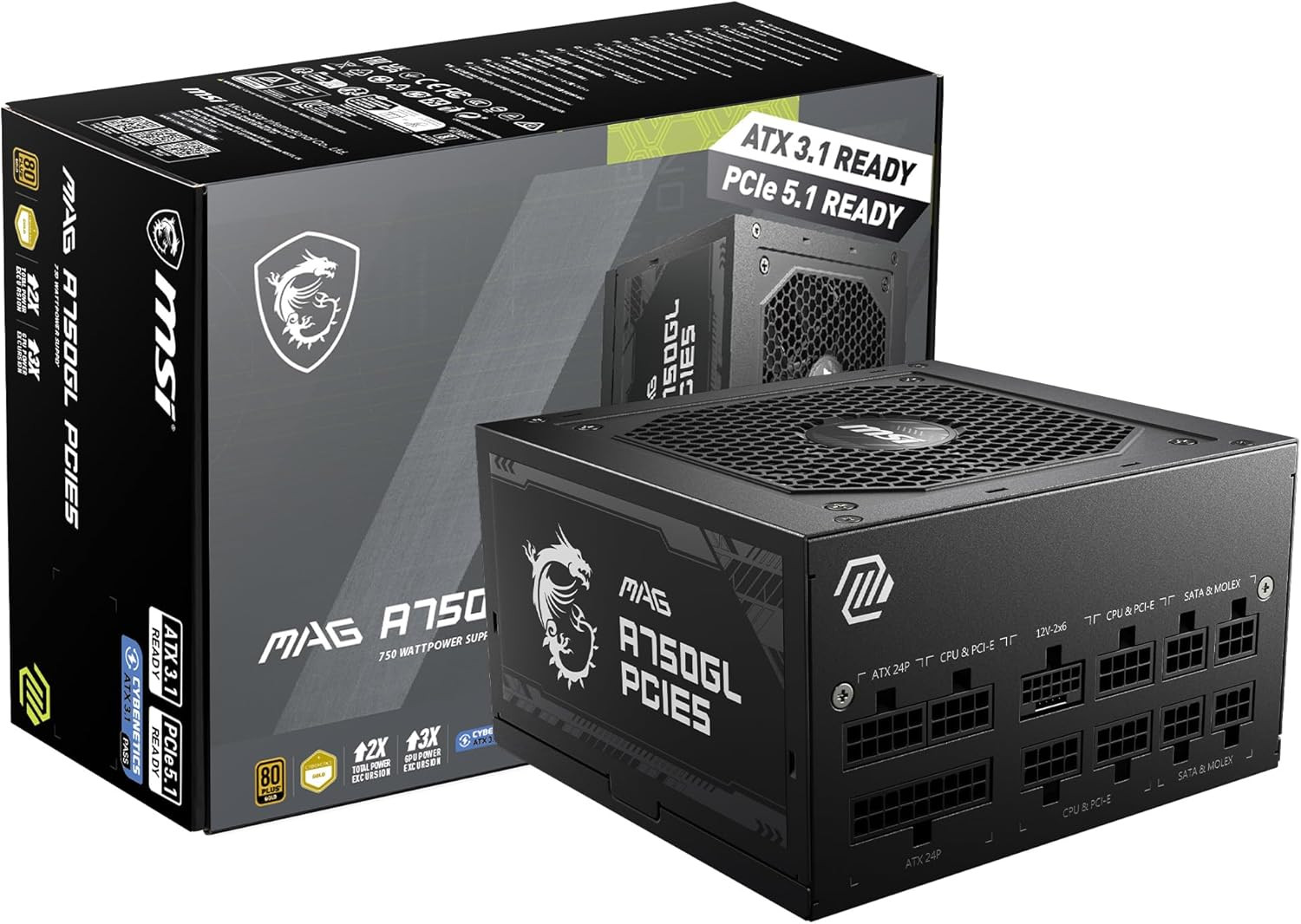 MSI MAG A750GL PCIE5, Fully Modular Compact Gaming 750W Power Supply, 80+ Gold,