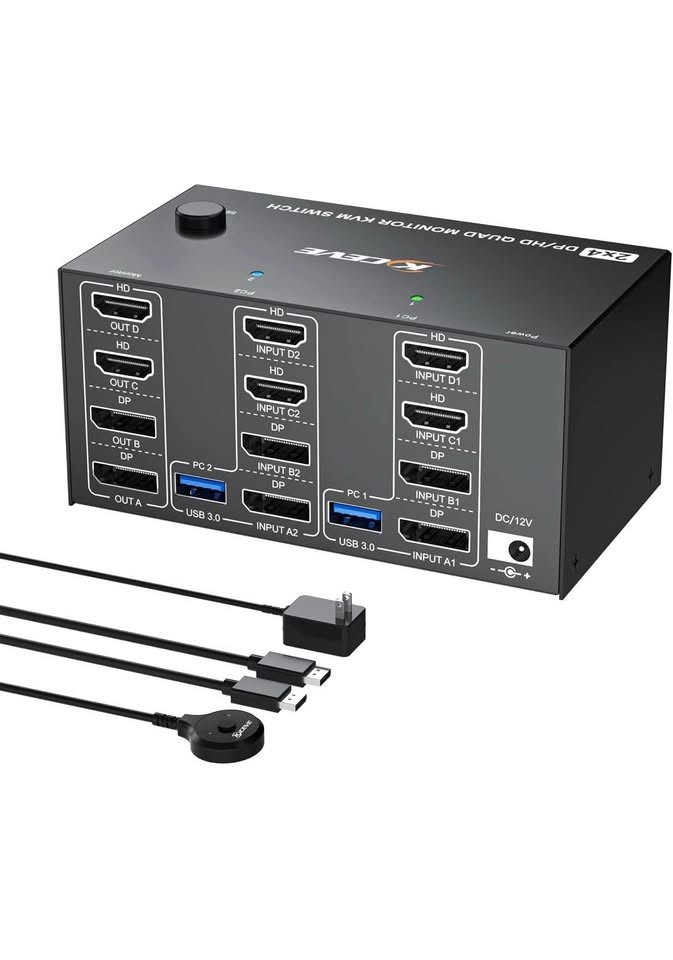 KCEVE 2x4 Quad Monitor KVM Switch 8K 4K@144Hz USB 3.0 DP HDMI