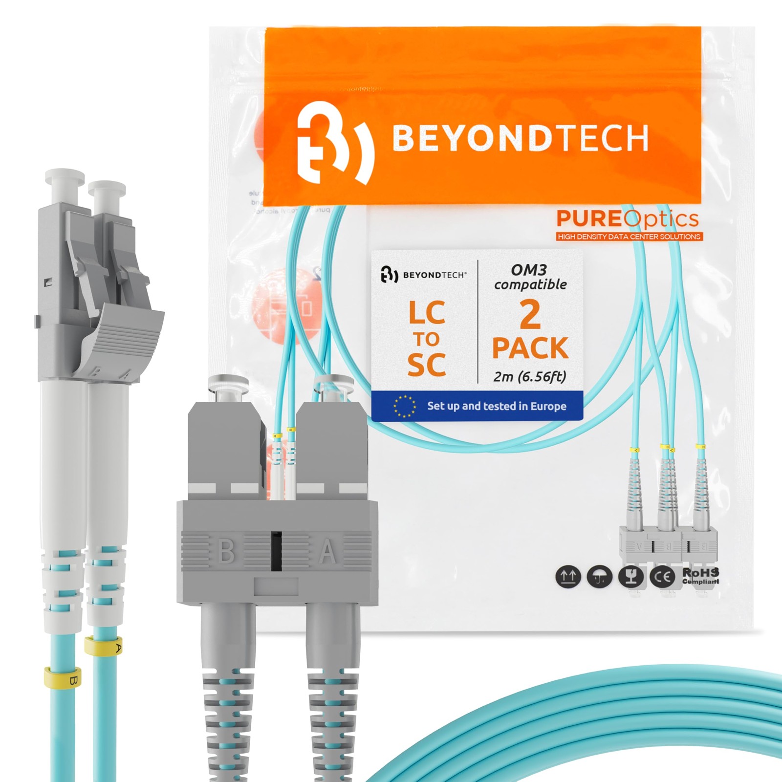BEYONDTECH 2m (6.56ft) LC to SC Fiber Patch Cable – (2 Pack) UPC Multimode Du...