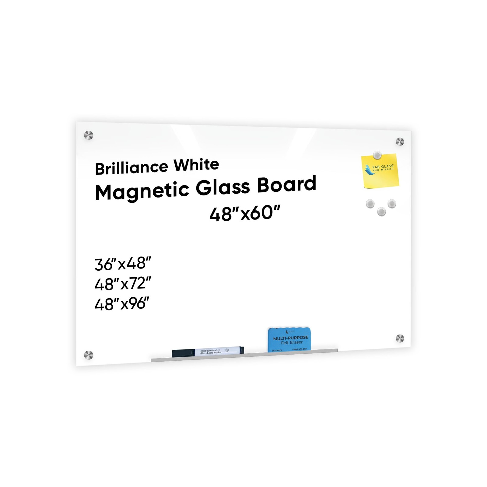 Magnetic Glass Dry Erase Board 60 W x 48 H Frameless White Fab Mirror Whiteboard