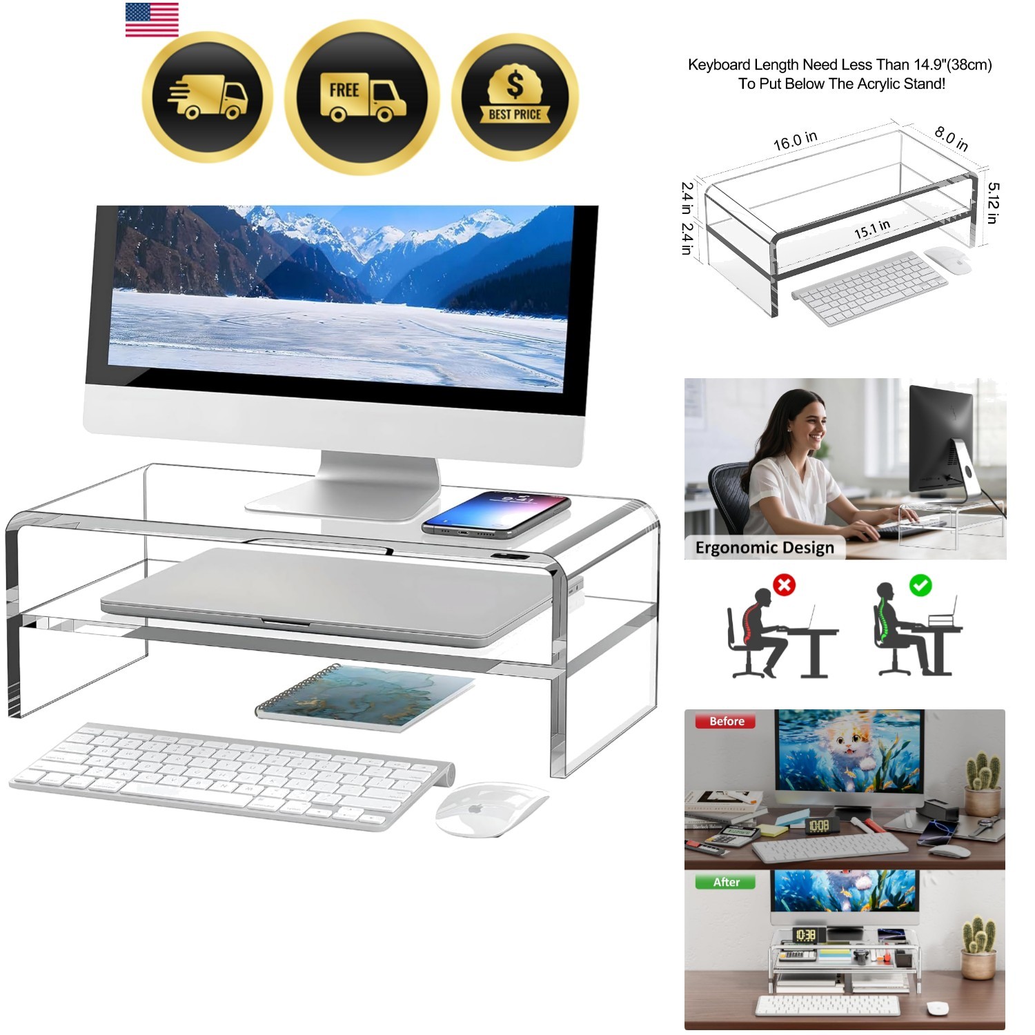 Clear Acrylic Monitor Stand Riser 2 Tier, 5.12 Inches High Clear Computer Des...
