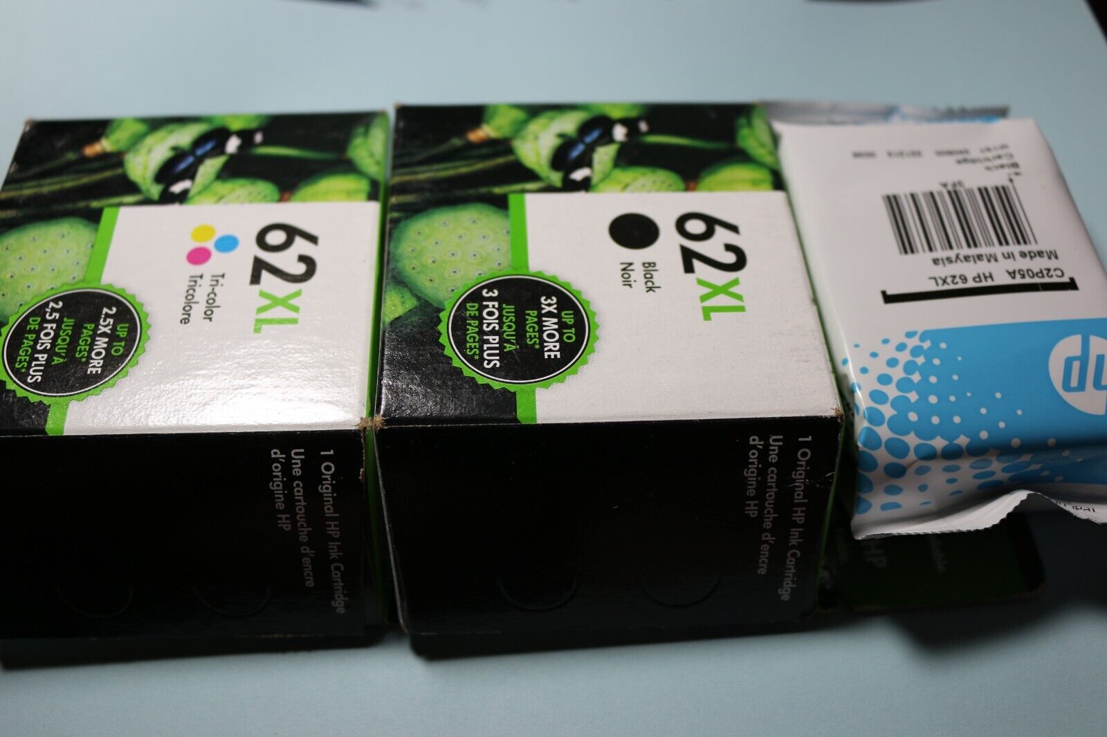 HP printer ink cartridges NEW/STILL SEALED (1) 62XL Tri-Color & (2) 62XL Black