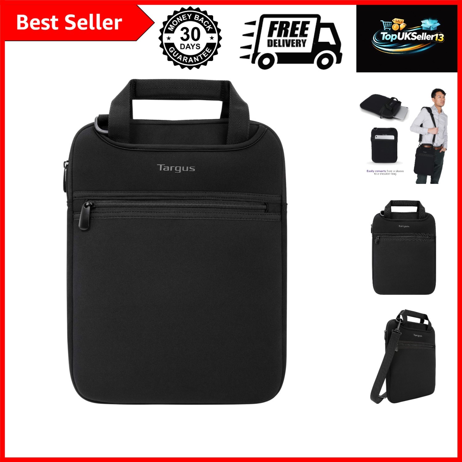 Vertical Slipcase Laptop Messenger Bag, Black - Hideaway Handles with Cross S...