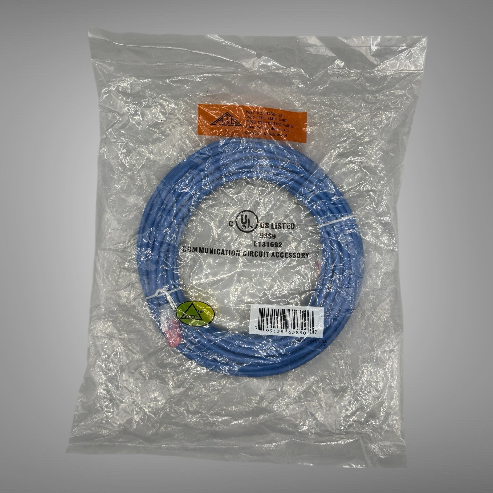 Allen Tel AT1640-BU Cat6 Ethernet Patch Cable 40ft Blue RJ45 UL Listed NOS