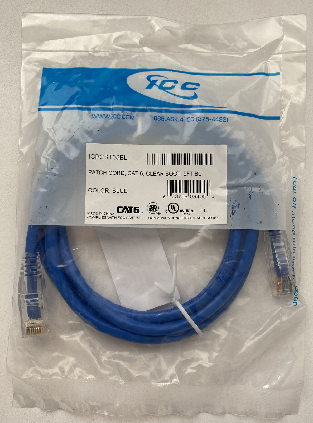Icc ICPCST05BL Patch Cord Cat 6 Clear Boot Blue 5ft.