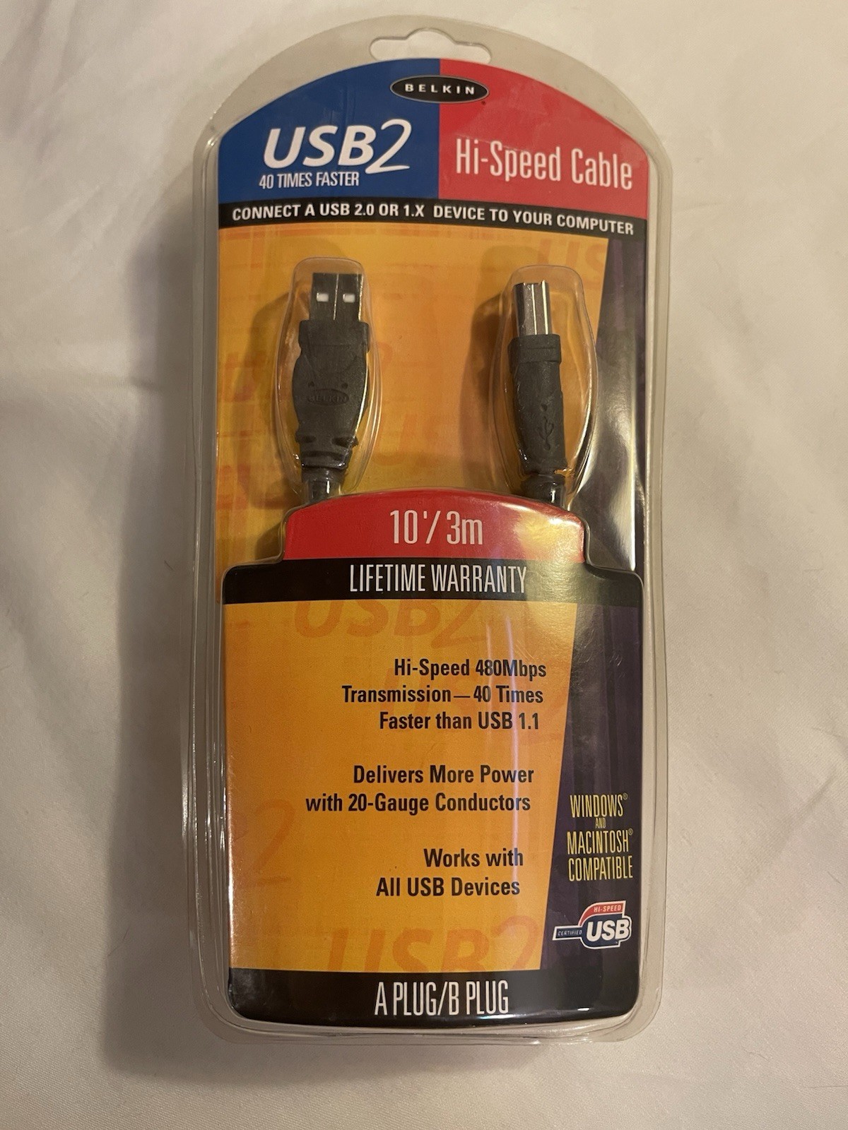 New In Blister Pack Belkin USB A plug/B Plug Hi Speed Cable 10ft F3U133-10