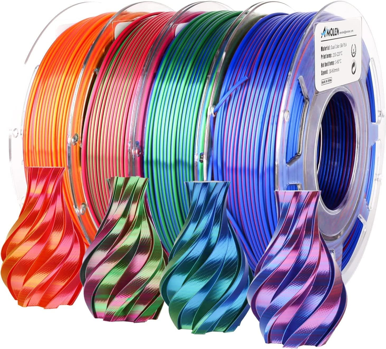 AMOLEN Silk PLA 3D Printer Filament Bundle, Shiny Dual Color Filament 1.75Mm Pac