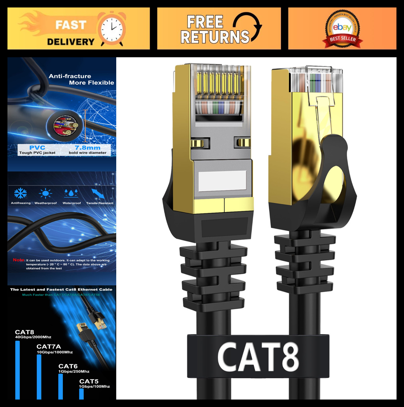 High-Speed Cat 8 Ethernet Cable 50ft, Shielded, Indoor/Outdoor, 40Gbps, Weatherp