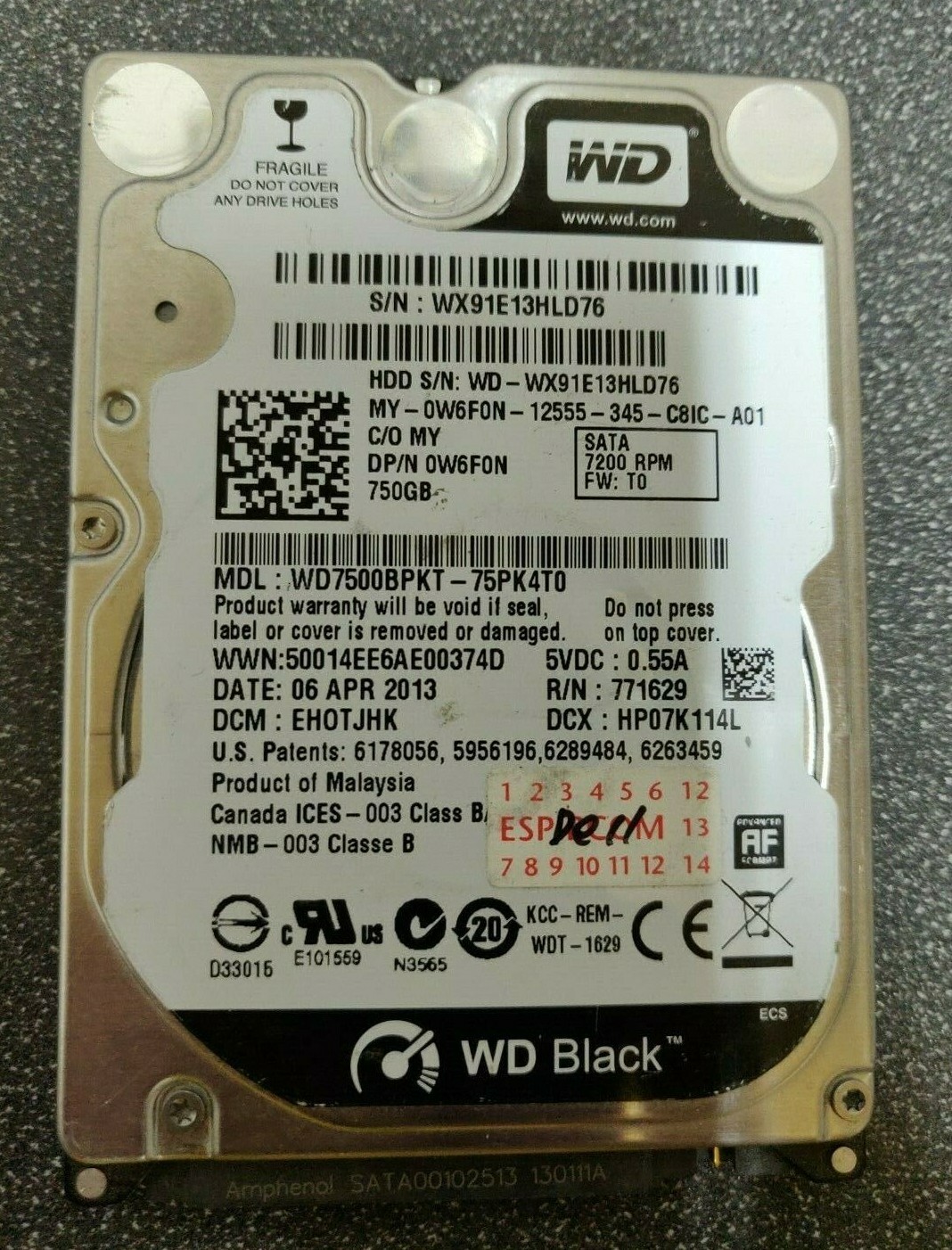 Dell W6F0N Western Digital WD7500BPKT-75PK4T0 750GB 2.5" SATA 7.2K Hard Drive 