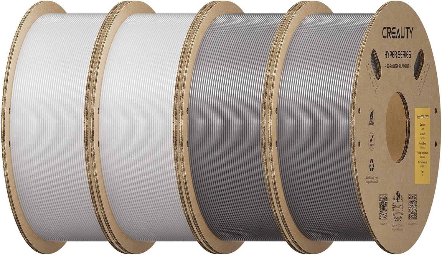 Hyper PETG Filament 1.75Mm, White & Grey, 4-Pack, 4KG