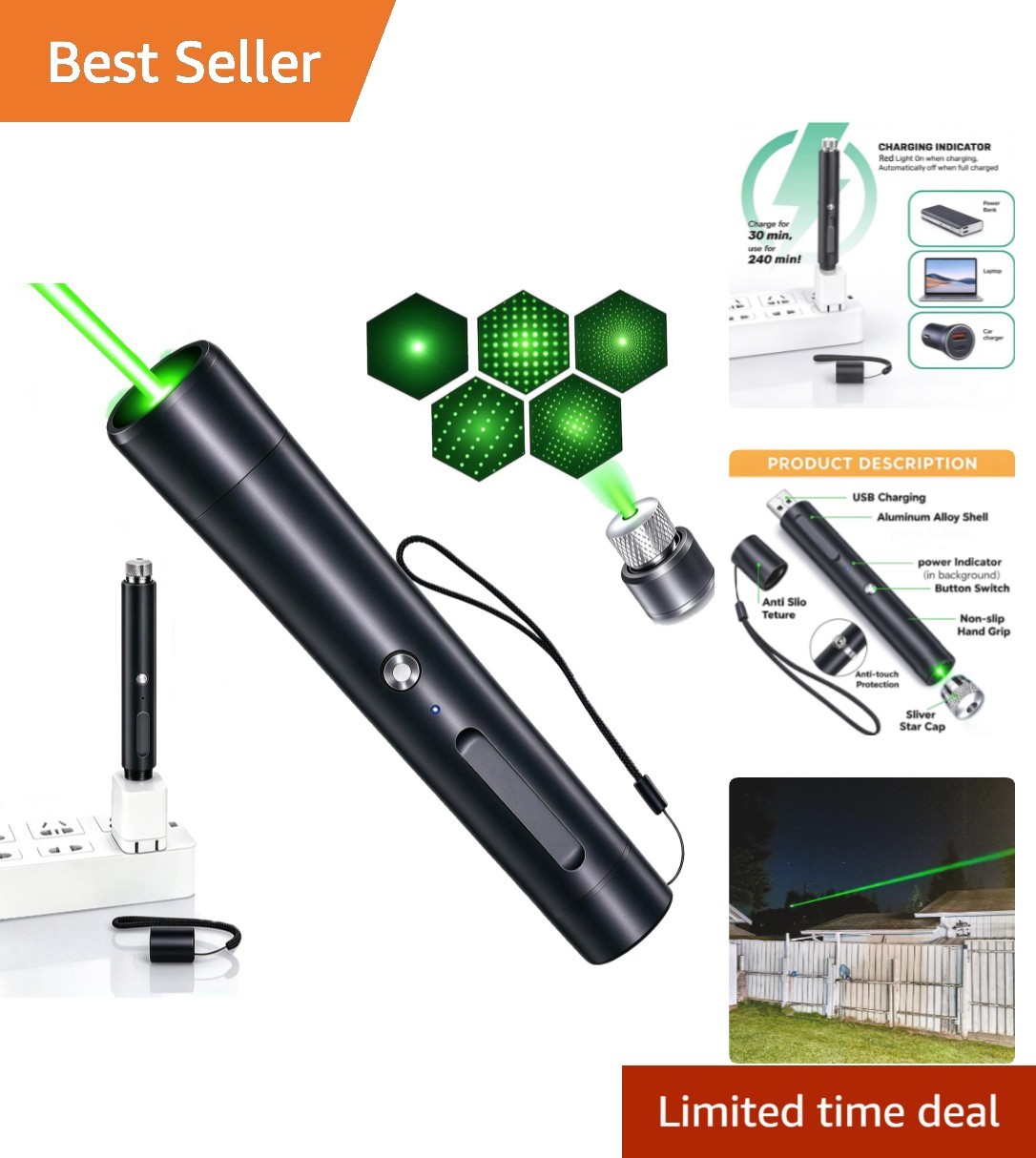 Compact USB Rechargeable Green LED Light - Perfect for Presentations & Outdoors